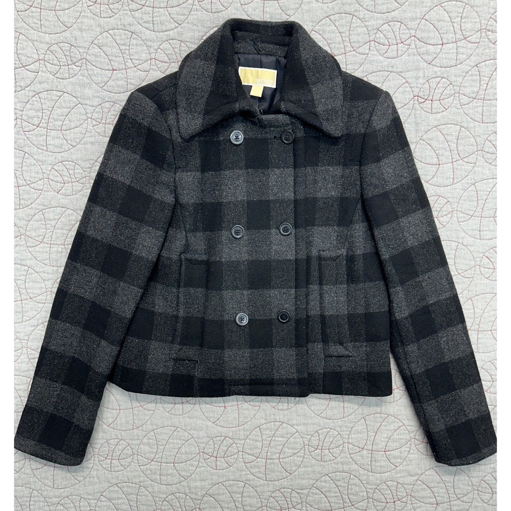Michael Kors Pea Coat Gray Black Buffalo Plaid Wool / Women's Large‎